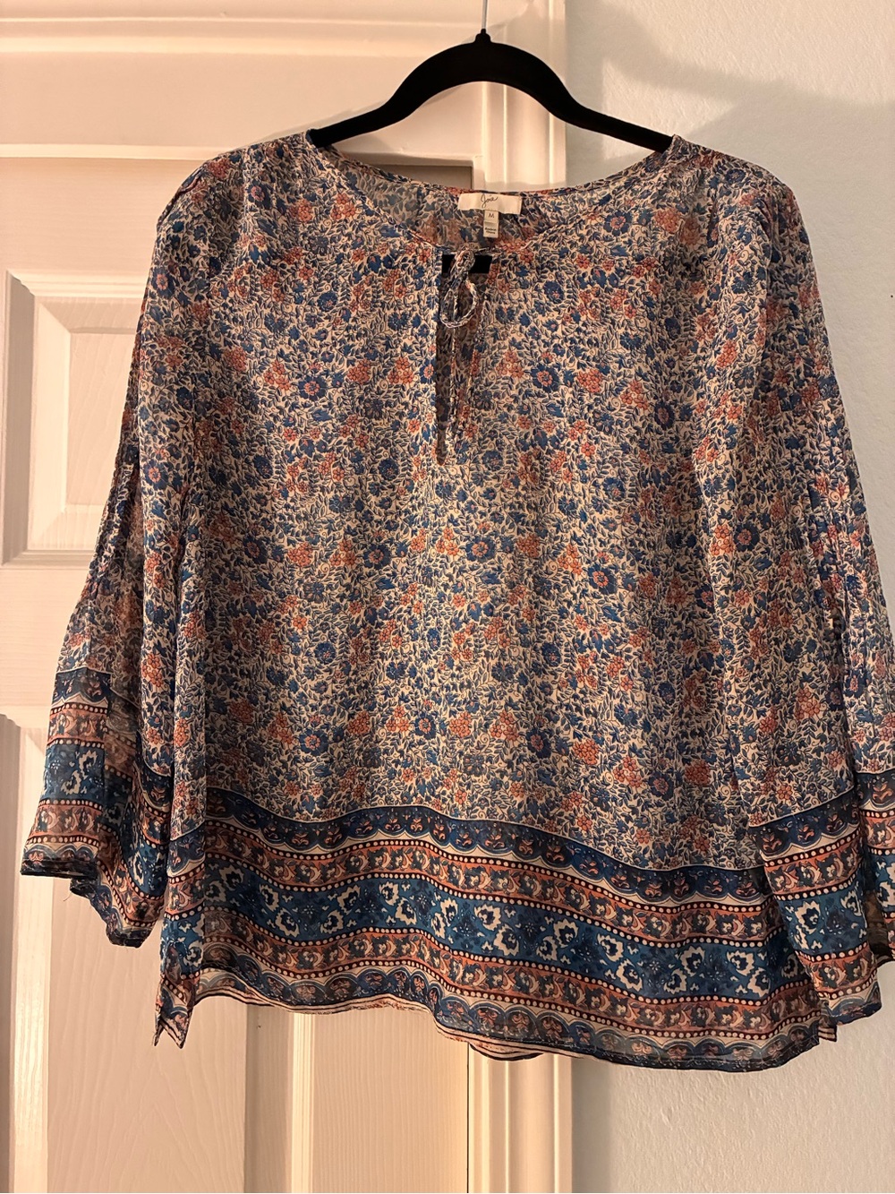 Joie Blue & Orange Floral Border Print Peasant Blouse Size M